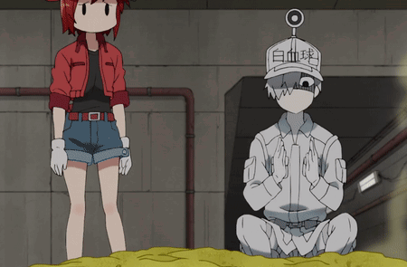 A Man And A Woman Are Standing Next To Each Other With One Wearing A Hat That Says " 白血球 " On It GIF