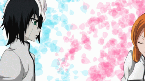 A Man And A Woman Are Standing Next To Each Other With Pink And Blue Hearts In The Background GIF
