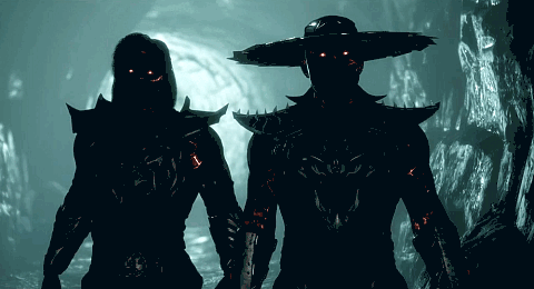 A Man And A Woman Are Standing Next To Each Other With Red Eyes GIF
