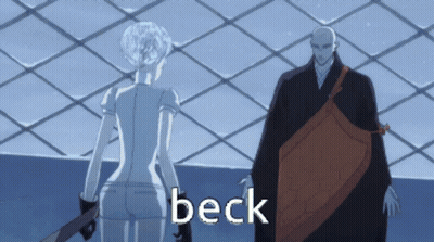 A Man And A Woman Are Standing Next To Each Other With The Word Beck On The Bottom GIF