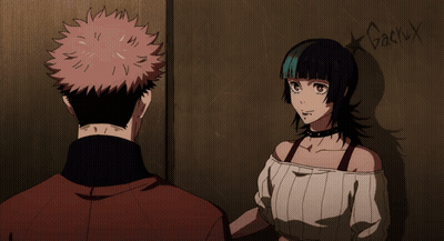 A Man And A Woman Are Standing Next To Each Other With The Word Gacha On The Wall Behind Them GIF