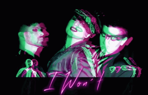A Man And A Woman Are Standing Next To Each Other With The Word I Won 'T In Neon GIF
