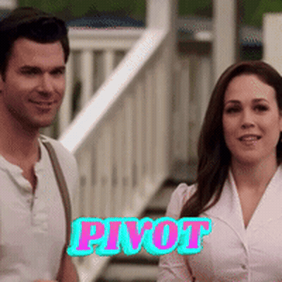 A Man And A Woman Are Standing Next To Each Other With The Word Pivot On The Bottom Right GIF