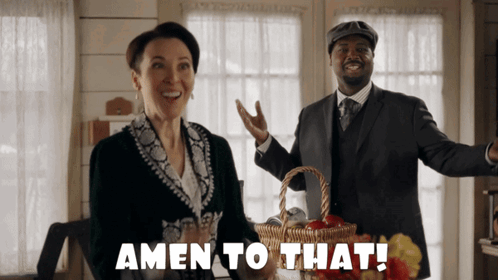 A Man And A Woman Are Standing Next To Each Other With The Words Amen To That Behind Them GIF