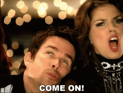 A Man And A Woman Are Standing Next To Each Other With The Words Come On Written On The Bottom GIF