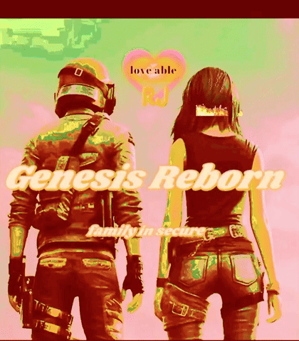 A Man And A Woman Are Standing Next To Each Other With The Words Genesis Reborn Family In Secure Below Them GIF