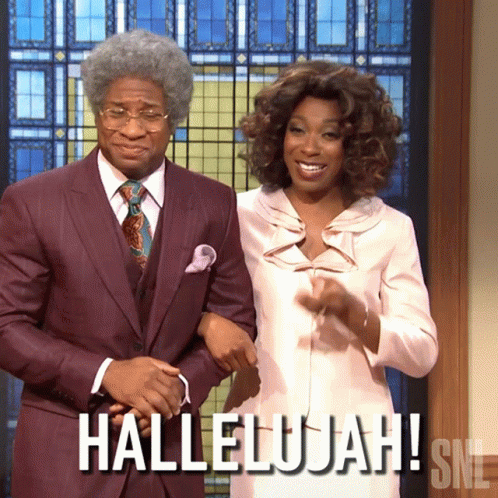 A Man And A Woman Are Standing Next To Each Other With The Words Hallelujah Written On The Bottom GIF