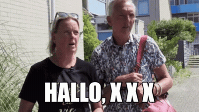 A Man And A Woman Are Standing Next To Each Other With The Words Hallo X Xx Written On Their Faces GIF