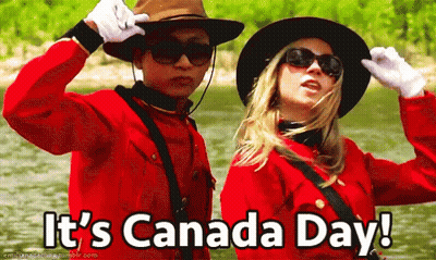 A Man And A Woman Are Standing Next To Each Other With The Words " It 'S Canada Day " Above Them GIF