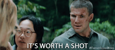 A Man And A Woman Are Standing Next To Each Other With The Words It 'S Worth A Shot Behind Them GIF