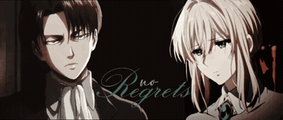 A Man And A Woman Are Standing Next To Each Other With The Words " No Regrets " Written Above Them GIF
