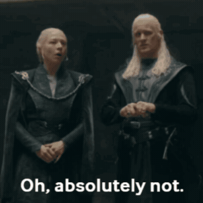 A Man And A Woman Are Standing Next To Each Other With The Words Oh Absolutely Not Written Below Them GIF