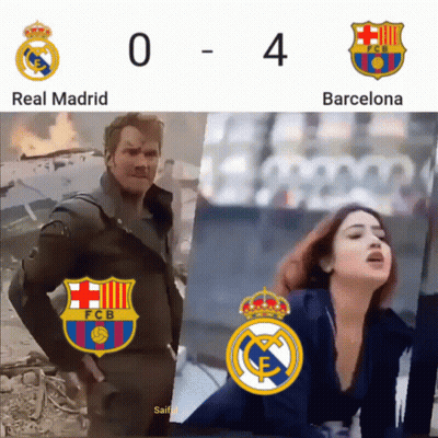 A Man And A Woman Are Standing Next To Each Other With The Words Real Madrid And Barcelona Above Them GIF