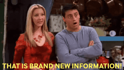 A Man And A Woman Are Standing Next To Each Other With The Words That Is Brand New Information Behind Them GIF