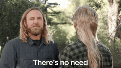 A Man And A Woman Are Standing Next To Each Other With The Words " There 'S No Need " Above Them GIF