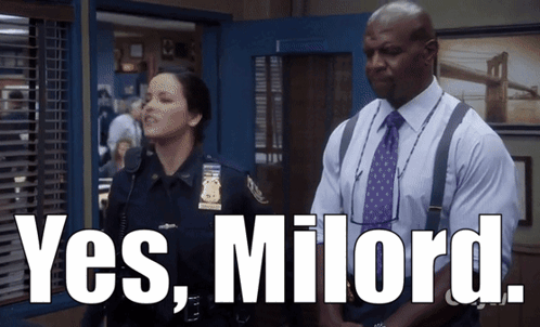 A Man And A Woman Are Standing Next To Each Other With The Words Yes Millord Written On The Bottom GIF