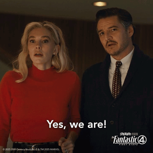 A Man And A Woman Are Standing Next To Each Other With The Words Yes We Are On The Bottom GIF