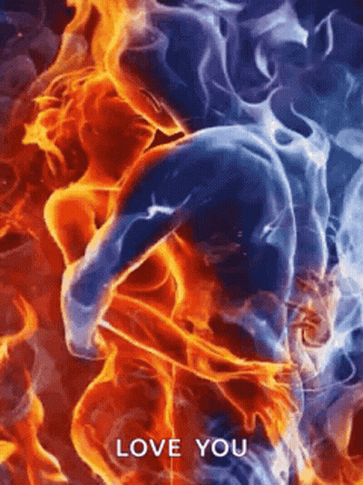 A Man And A Woman Are Surrounded By Flames And The Words `` Love You '' . GIF