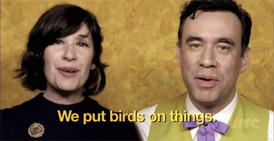 A Man And A Woman Are Talking About Birds And Things GIF