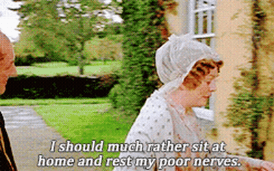 A Man And A Woman Are Talking And The Woman Is Saying I Should Much Rather Sit At Home And Rest My Poor Nerves . GIF