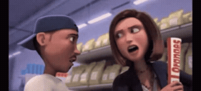 A Man And A Woman Are Talking In A Store While The Woman Is Holding A Bar Of Domino 'S . GIF