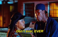 A Man And A Woman Are Talking In Front Of A House With The Words " Don 'T Ever Ever " Above Them GIF