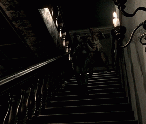 A Man And A Woman Are Walking Down A Set Of Stairs Holding Guns GIF