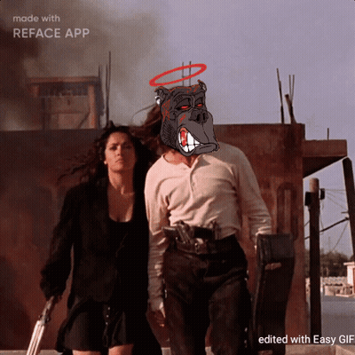 A Man And A Woman Are Walking With A Cartoon Of A Gorilla With A Halo On His Head Made With Reface App GIF