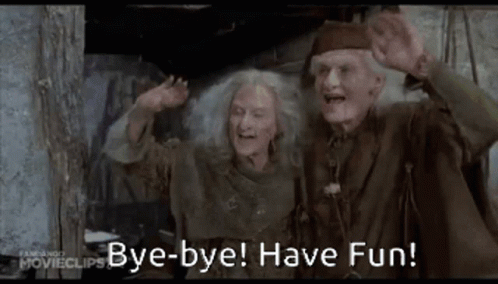 A Man And A Woman Are Waving Their Hands And Saying Bye Bye Have Fun . GIF