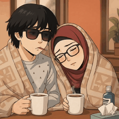 A Man And A Woman Are Wrapped In Blankets And Holding Coffee Cups GIF
