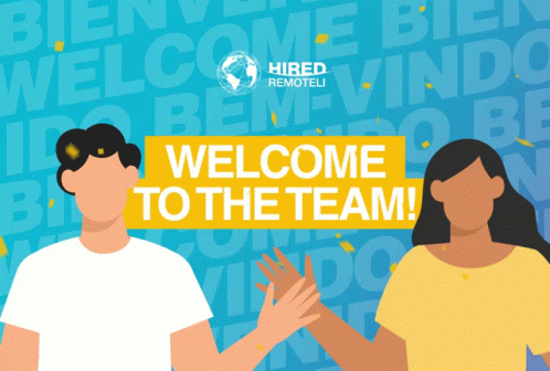 A Man And A Woman Giving Each Other A High Five With The Words Welcome To The Team Below Them GIF