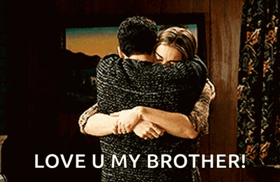 A Man And A Woman Hugging Each Other With The Words `` Love U My Brother '' . GIF