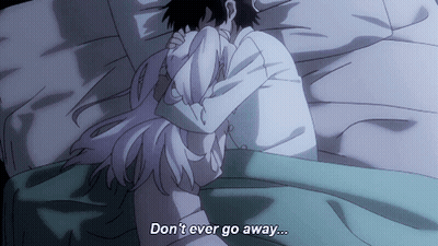 A Man And A Woman Hugging In Bed With The Words " Don 'T Ever Go Away " GIF