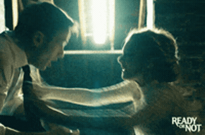 A Man And A Woman In A Bathtub With The Words Ready Or Not Written On The Bottom GIF