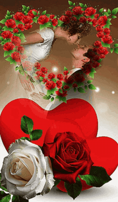 A Man And A Woman Kissing In Front Of A Heart Surrounded By Roses GIF