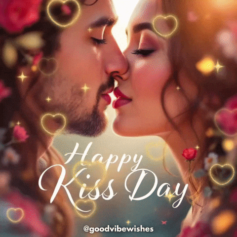 A Man And A Woman Kissing With The Words Happy Kiss Day In The Background GIF