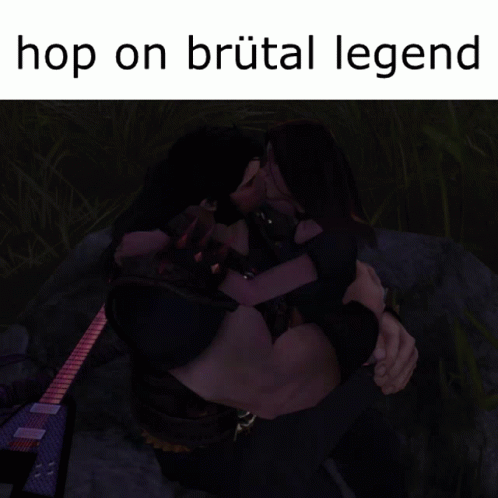 A Man And A Woman Kissing With The Words Hop On Brutal Legend Below Them GIF