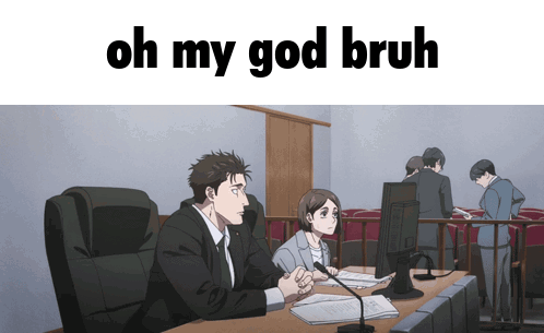 A Man And A Woman Sit At A Desk With The Words Oh My God Bruh GIF