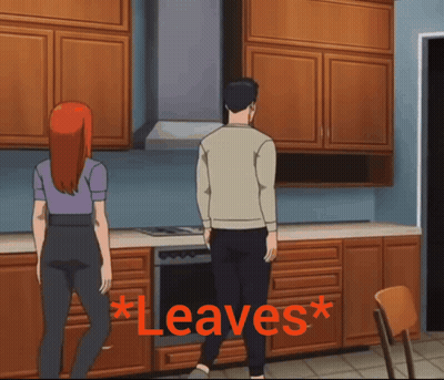 A Man And A Woman Standing In A Kitchen With The Words * Leaves * On The Bottom GIF