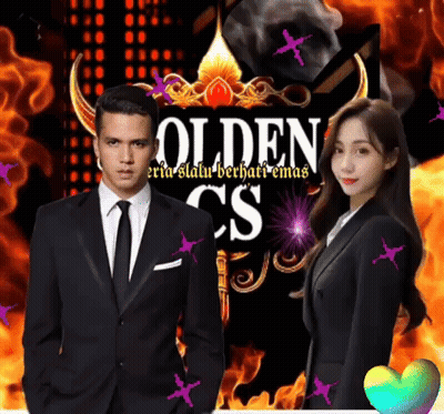 A Man And A Woman Standing In Front Of A Sign That Says Golden GIF