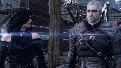 A Man And A Woman Standing Next To Each Other GIF