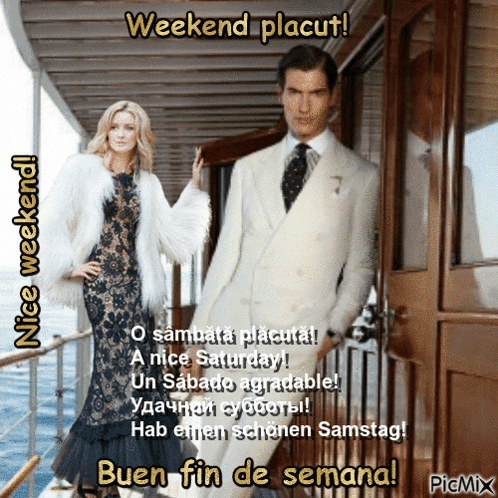 A Man And A Woman Standing Next To Each Other On A Boat With The Words Weekend Placut Above Them GIF