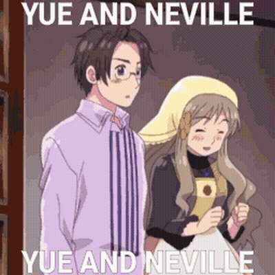 A Man And A Woman Standing Next To Each Other With A Caption That Says Yue And Neville Yue And Neville GIF