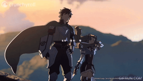 A Man And A Woman Standing Next To Each Other With Crunchyroll Written In The Corner GIF