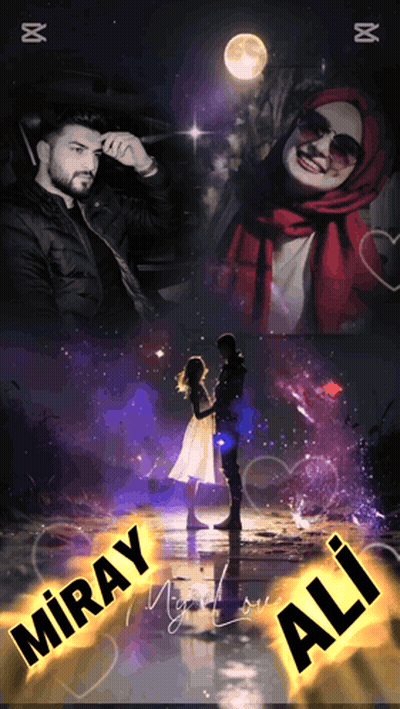 A Man And A Woman Standing Next To Each Other With Miray Ali Written On The Bottom GIF
