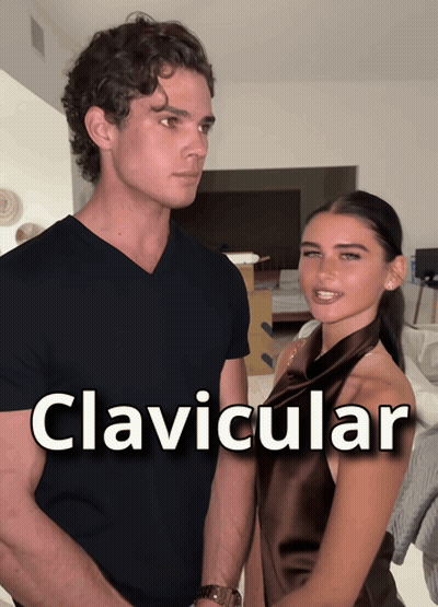 A Man And A Woman Standing Next To Each Other With The Word Clavicular On The Bottom GIF