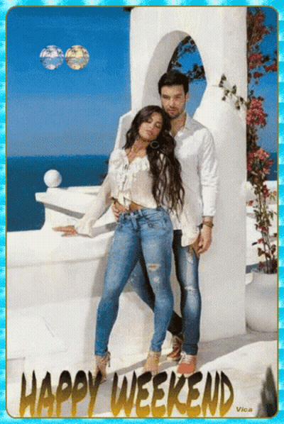 A Man And A Woman Standing Next To Each Other With The Words Happy Weekend On The Bottom GIF