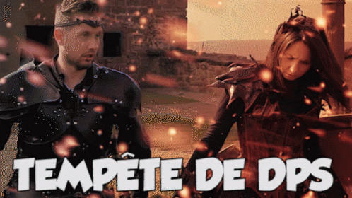 A Man And A Woman Standing Next To Each Other With The Words " Tempeste De Dps " Written On The Bottom GIF