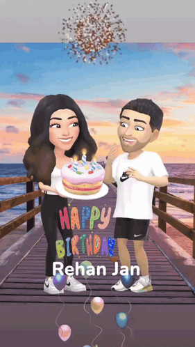 A Man And A Woman Standing On A Pier Holding A Birthday Cake With The Words Happy Birthday Rehan Jan Written On It GIF