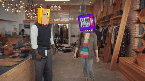 A Man And A Woman Walking In A Store With A Sign That Says Glur Pass On It GIF